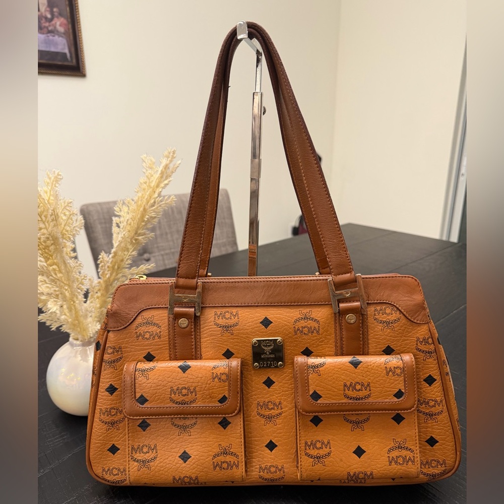 MCM Cognac Visetos Monogram Shoulder Bag with Front Pockets